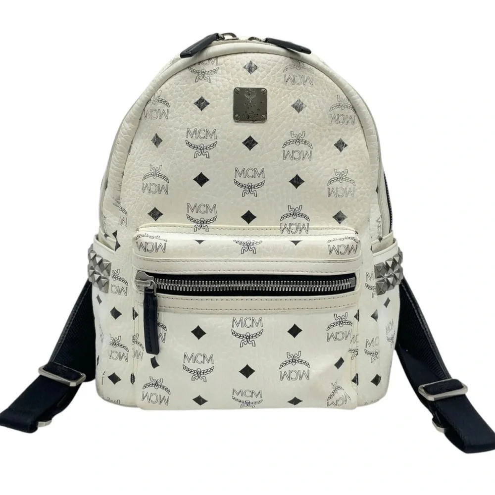 Authentic MCM Visetos Pattern White Leather Studded Backpack medium size